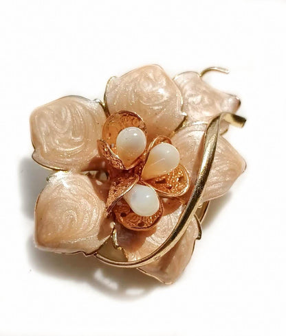 Japanese Vintage Enamel Flower Brooch, Mother of Pearl