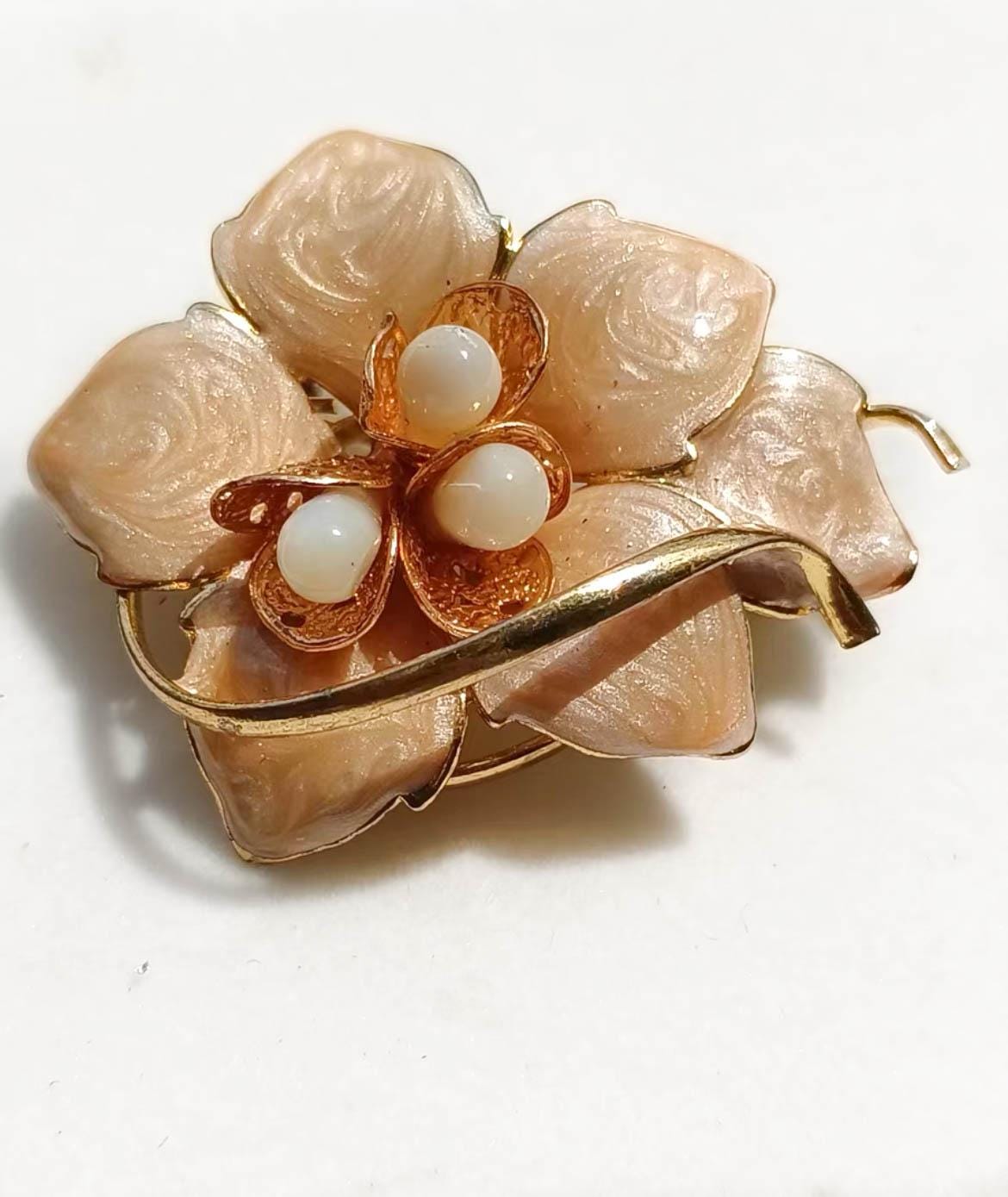 Japanese Vintage Enamel Flower Brooch, Mother of Pearl