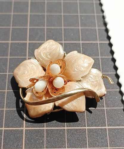 Japanese Vintage Enamel Flower Brooch, Mother of Pearl