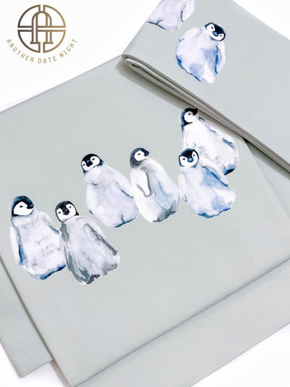 Pastel Green Pre-tied Nagoya Obi: Penguin Print, Easy Kimono Belt, Tea Ceremony