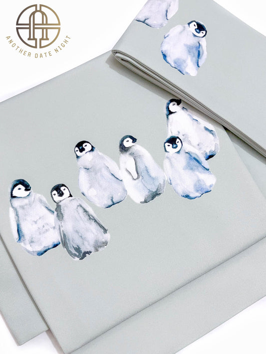 Pastel Green Pre-tied Nagoya Obi: Penguin Print, Easy Kimono Belt, Tea Ceremony