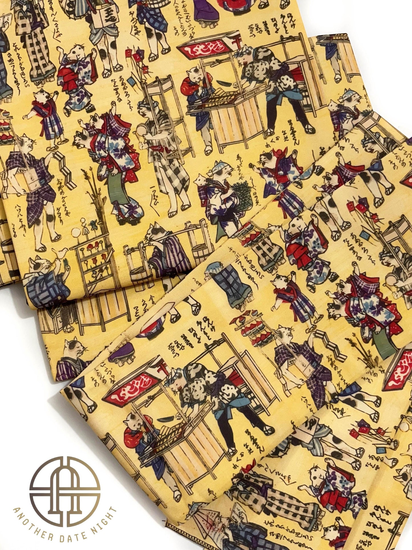 Ukiyo-e Cat Pre-Tied Kimono Belt: Nagoya Obi, Taiko Drum Knot