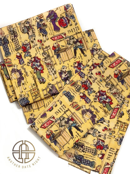 Ukiyo-e Cat Pre-Tied Kimono Belt: Nagoya Obi, Taiko Drum Knot