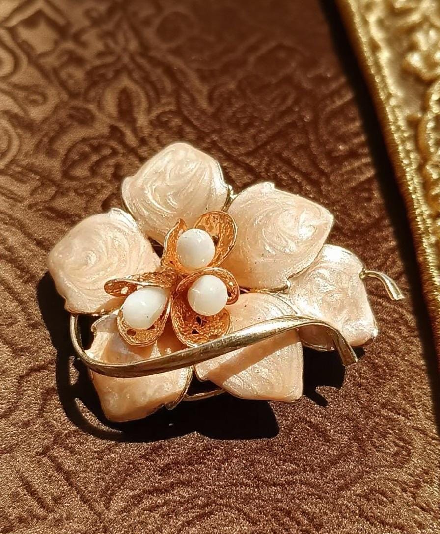 Japanese Vintage Enamel Flower Brooch, Mother of Pearl