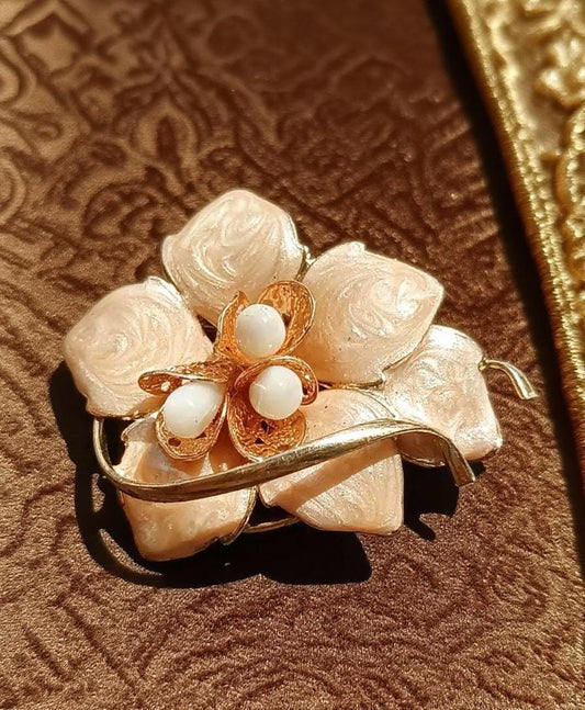 Japanese Vintage Enamel Flower Brooch, Mother of Pearl