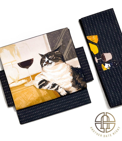 Red Wine World-Weary Cat Easy Wear Nagoya Obi: Pre-Tied Taiko Knot, Double Sided Sash