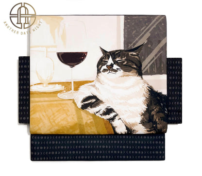 Red Wine World-Weary Cat Easy Wear Nagoya Obi: Pre-Tied Taiko Knot, Double Sided Sash