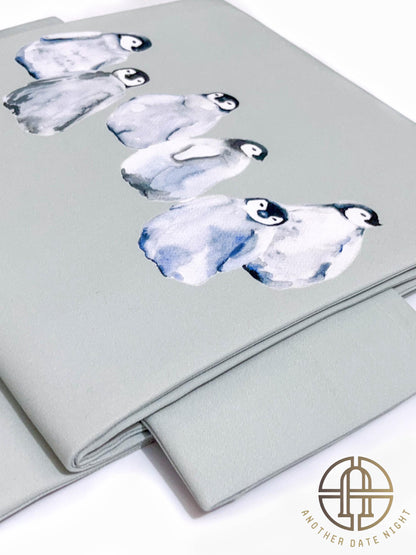 Pastel Green Pre-tied Nagoya Obi: Penguin Print, Easy Kimono Belt, Tea Ceremony