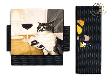 Red Wine World-Weary Cat Easy Wear Nagoya Obi: Pre-Tied Taiko Knot, Double Sided Sash