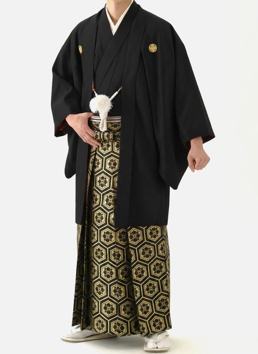 Black & Gold Men's Hakama Pants: Japanese Kimono, Formal Wear