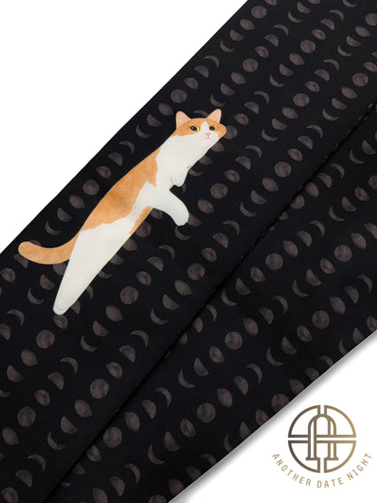Brown Cat Flat-Lying Pre-Tied Taiko Knot, Nagoya Obi, Easy Wear, Two-Side Sash