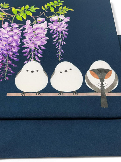 Hokkaido Long-tailed Tit (or Shima-enaga) Pre-Tied Taiko Knot, Easy Wear Nagoya Obi, Two-Side Sash