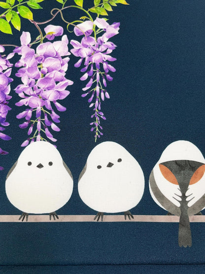 Hokkaido Long-tailed Tit (or Shima-enaga) Pre-Tied Taiko Knot, Easy Wear Nagoya Obi, Two-Side Sash