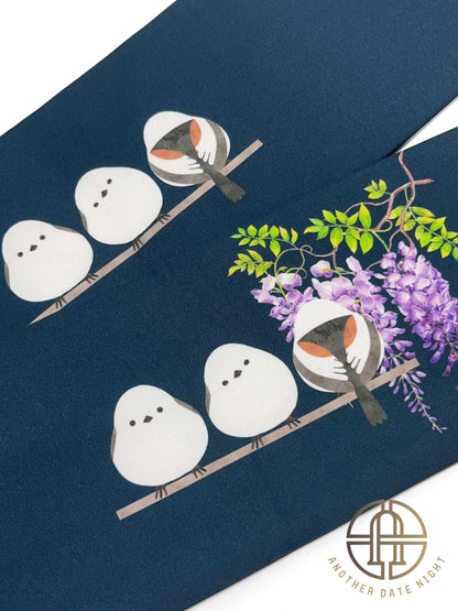 Hokkaido Long-tailed Tit (or Shima-enaga) Pre-Tied Taiko Knot, Easy Wear Nagoya Obi, Two-Side Sash