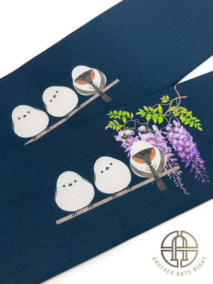 Hokkaido Long-tailed Tit (or Shima-enaga) Pre-Tied Taiko Knot, Easy Wear Nagoya Obi, Two-Side Sash