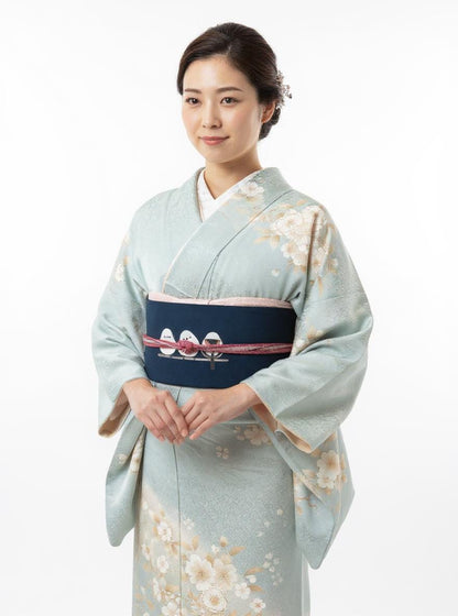 Hokkaido Long-tailed Tit (or Shima-enaga) Pre-Tied Taiko Knot, Easy Wear Nagoya Obi, Two-Side Sash