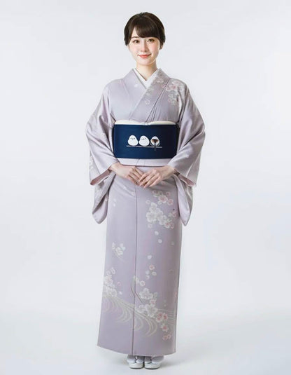 Hokkaido Long-tailed Tit (or Shima-enaga) Pre-Tied Taiko Knot, Easy Wear Nagoya Obi, Two-Side Sash