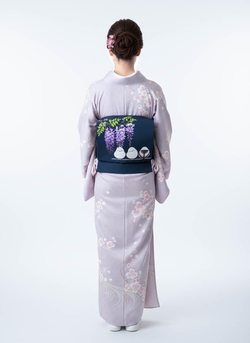 Hokkaido Long-tailed Tit (or Shima-enaga) Pre-Tied Taiko Knot, Easy Wear Nagoya Obi, Two-Side Sash