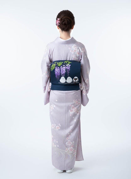 Hokkaido Long-tailed Tit (or Shima-enaga) Pre-Tied Taiko Knot, Easy Wear Nagoya Obi, Two-Side Sash