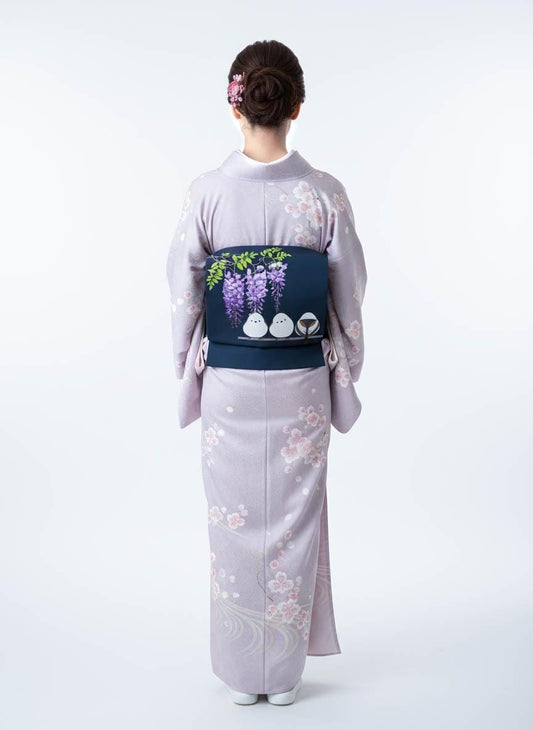 Hokkaido Long-tailed Tit (or Shima-enaga) Pre-Tied Taiko Knot, Easy Wear Nagoya Obi, Two-Side Sash