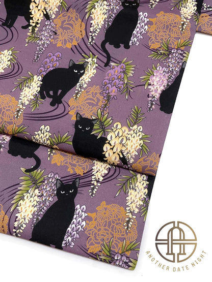Easy Wear Kimono Belt, Pre-Tied Obi, Ginza Knot, Wisteria Flower & Black Cat