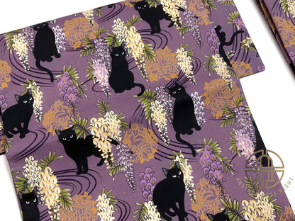 Easy Wear Kimono Belt, Pre-Tied Obi, Ginza Knot, Wisteria Flower & Black Cat
