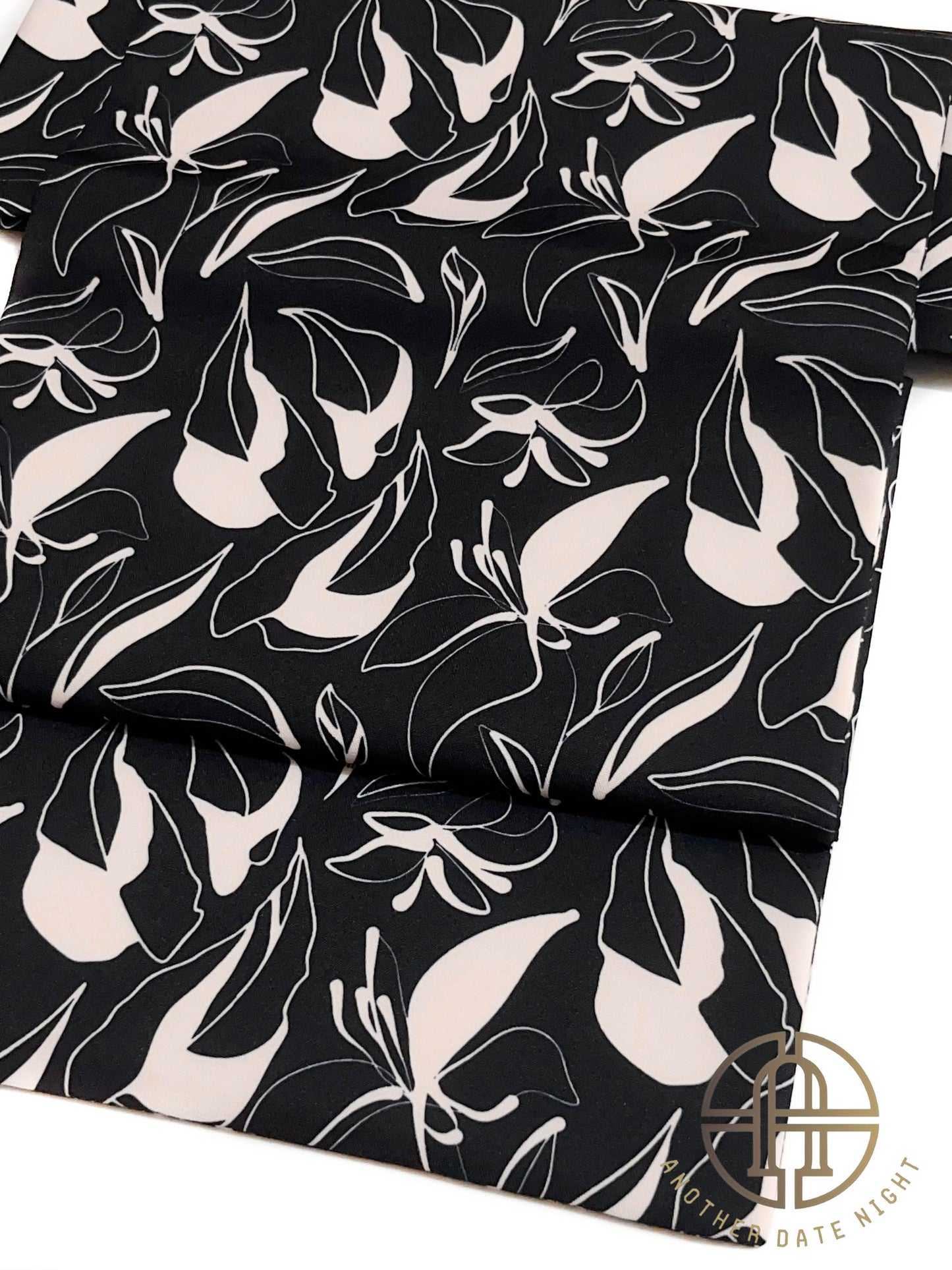 5-Mins Wear Pre-Tied Obi, Japanese Kimono Belt, Black Floral Art Deco