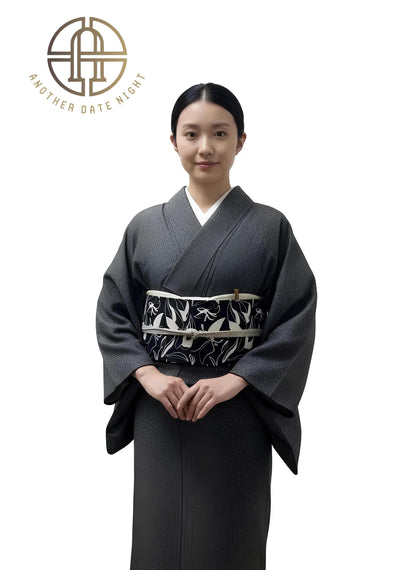 5-Mins Wear Pre-Tied Obi, Japanese Kimono Belt, Black Floral Art Deco