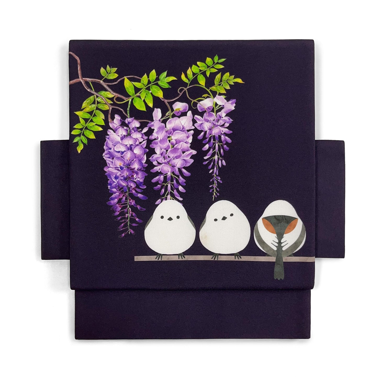 Purple Hokkaido Bird Pre-Tied Nagoya Obi, Easy Wear Taiko Knot, Long-tailed Tit (or Shima-enaga)