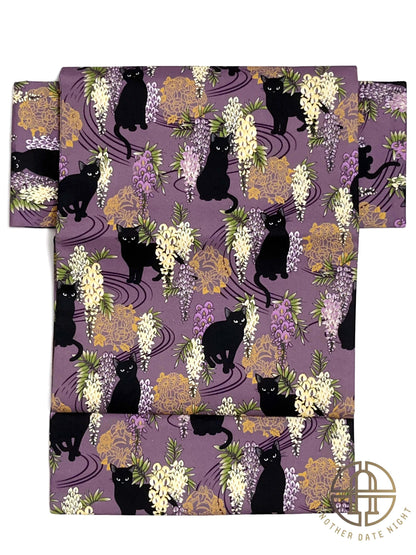 Easy Wear Kimono Belt, Pre-Tied Obi, Ginza Knot, Wisteria Flower & Black Cat