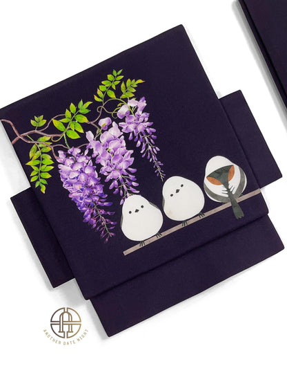 Purple Hokkaido Bird Pre-Tied Nagoya Obi, Easy Wear Taiko Knot, Long-tailed Tit (or Shima-enaga)