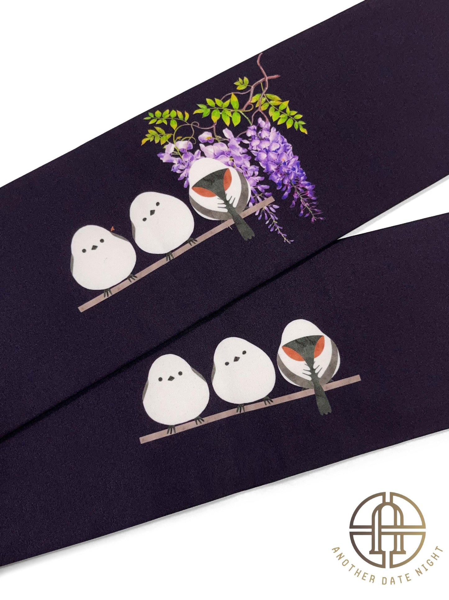 Purple Hokkaido Bird Pre-Tied Nagoya Obi, Easy Wear Taiko Knot, Long-tailed Tit (or Shima-enaga)