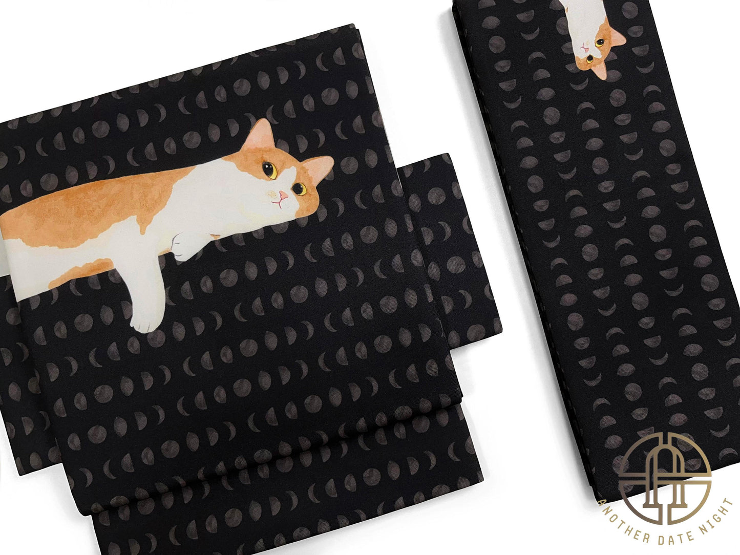 Brown Cat Flat-Lying Pre-Tied Taiko Knot, Nagoya Obi, Easy Wear, Two-Side Sash