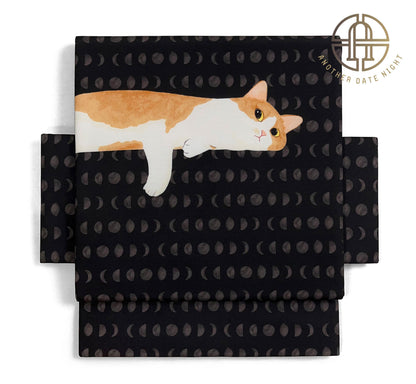 Brown Cat Flat-Lying Pre-Tied Taiko Knot, Nagoya Obi, Easy Wear, Two-Side Sash