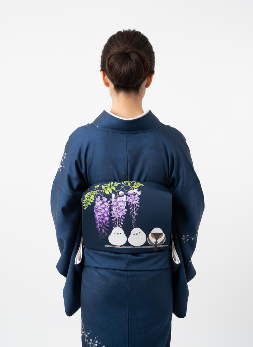 Hokkaido Long-tailed Tit (or Shima-enaga) Pre-Tied Taiko Knot, Easy Wear Nagoya Obi, Two-Side Sash