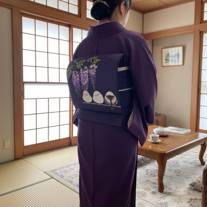 Purple Hokkaido Bird Pre-Tied Nagoya Obi, Easy Wear Taiko Knot, Long-tailed Tit (or Shima-enaga)