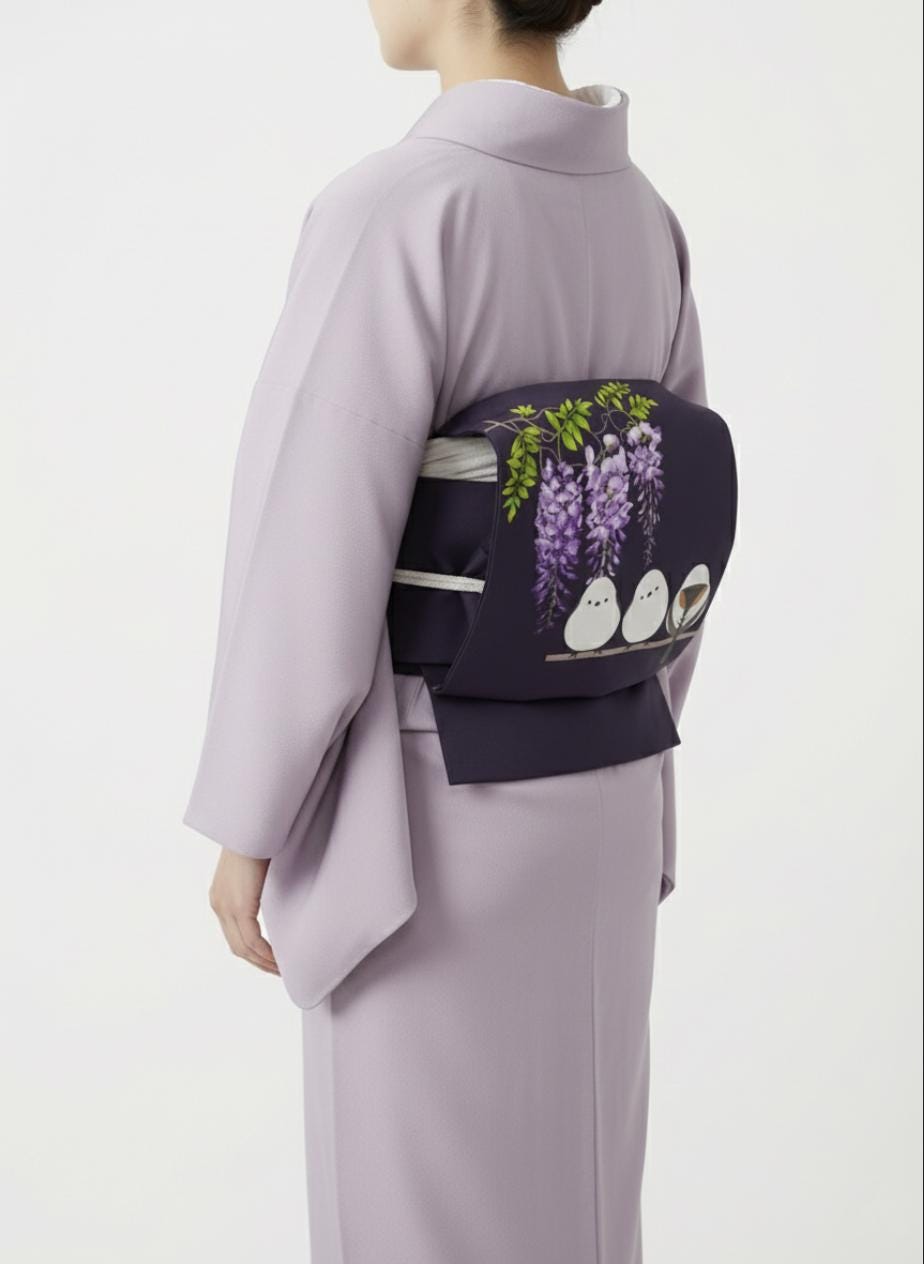 Purple Hokkaido Bird Pre-Tied Nagoya Obi, Easy Wear Taiko Knot, Long-tailed Tit (or Shima-enaga)