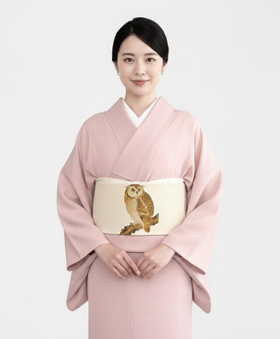 Pre-Tied Nagoya Obi, Taiko Knot, Owl Design Kimono Sash