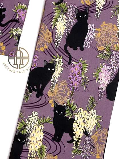 Easy Wear Kimono Belt, Pre-Tied Obi, Ginza Knot, Wisteria Flower & Black Cat