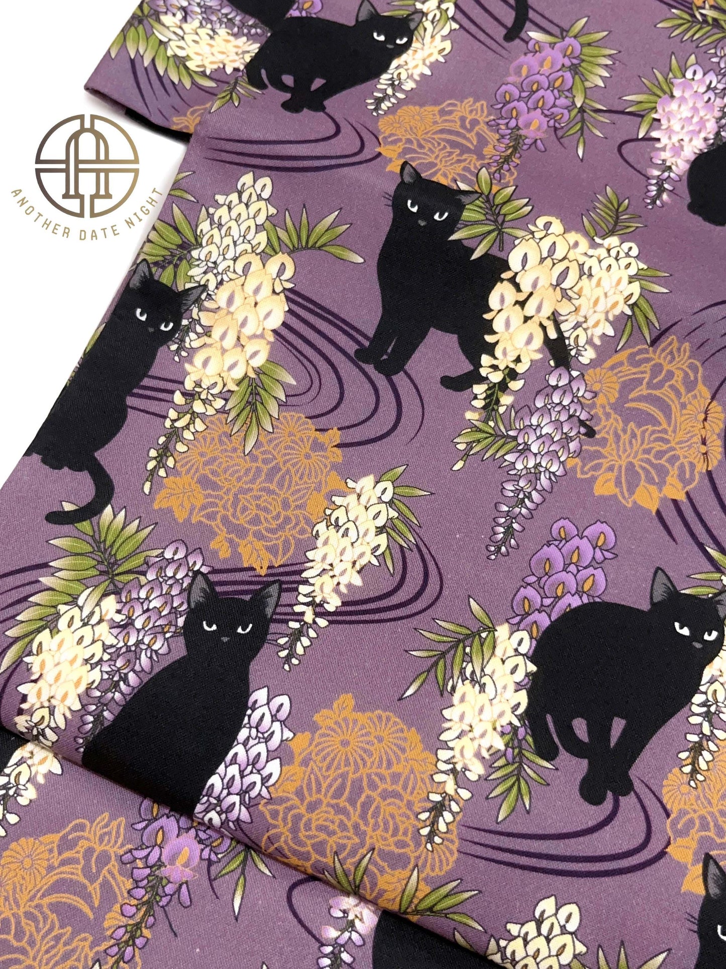 Easy Wear Kimono Belt, Pre-Tied Obi, Ginza Knot, Wisteria Flower & Black Cat