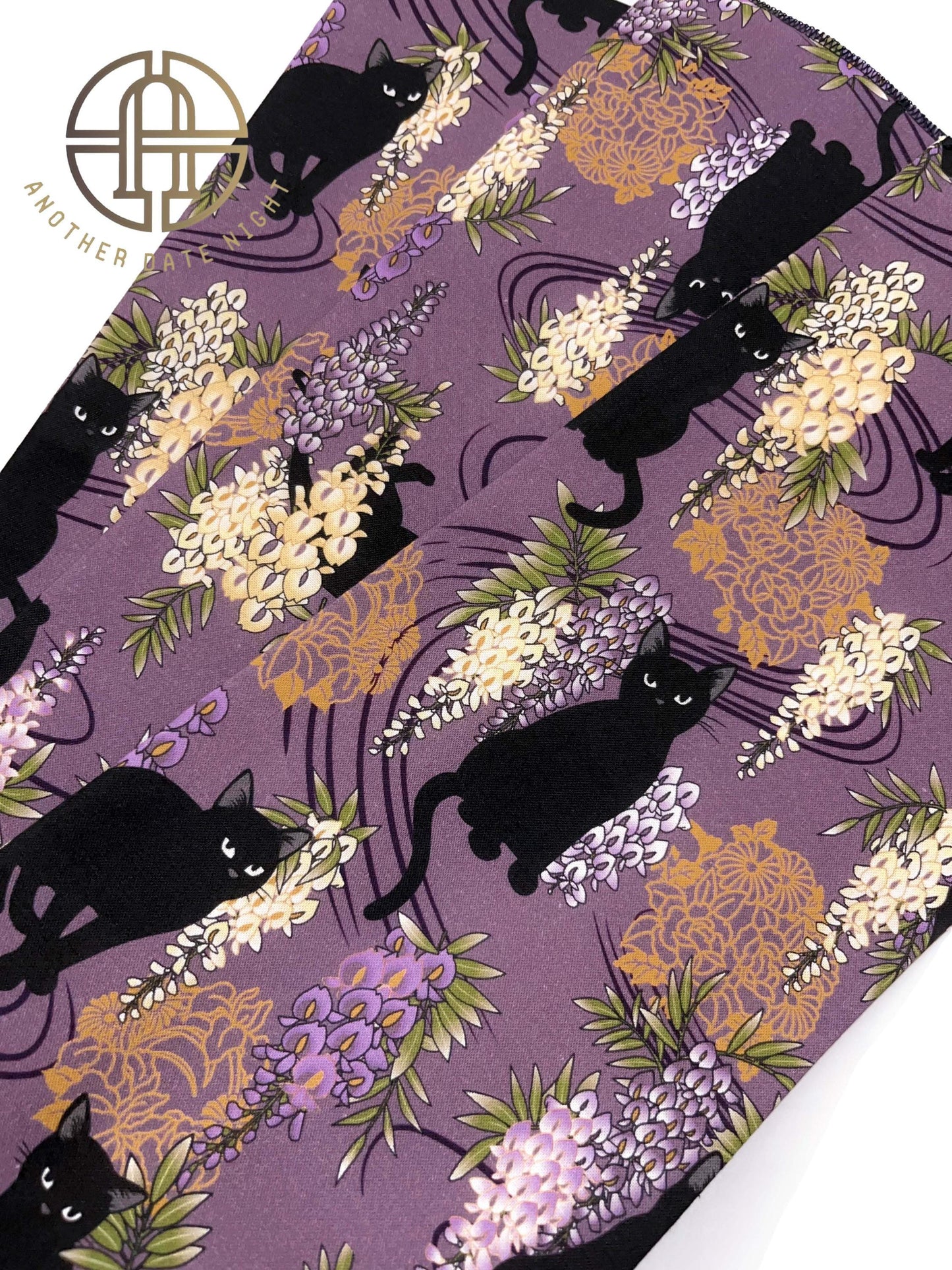 Easy Wear Kimono Belt, Pre-Tied Obi, Ginza Knot, Wisteria Flower & Black Cat