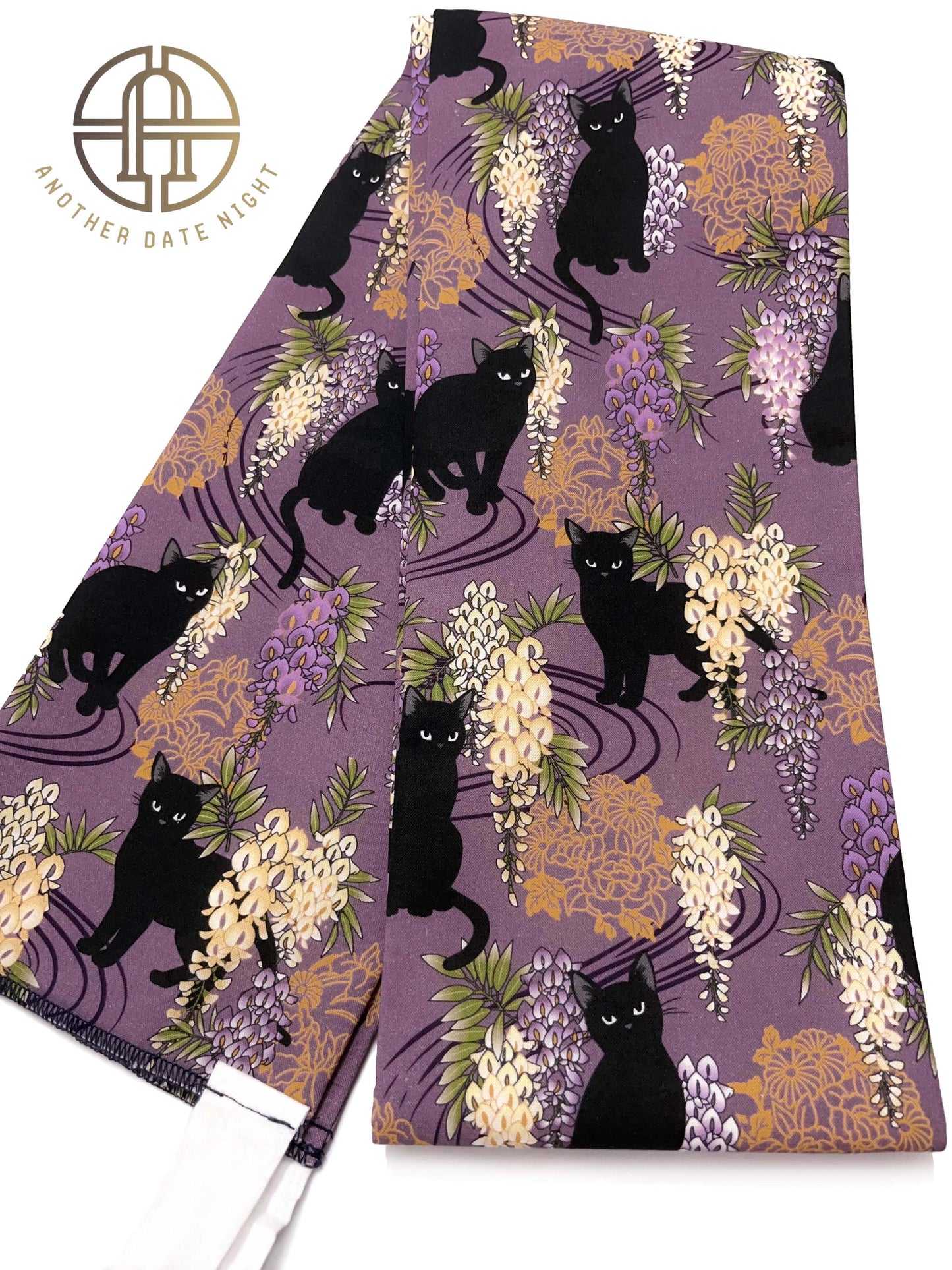 Easy Wear Kimono Belt, Pre-Tied Obi, Ginza Knot, Wisteria Flower & Black Cat