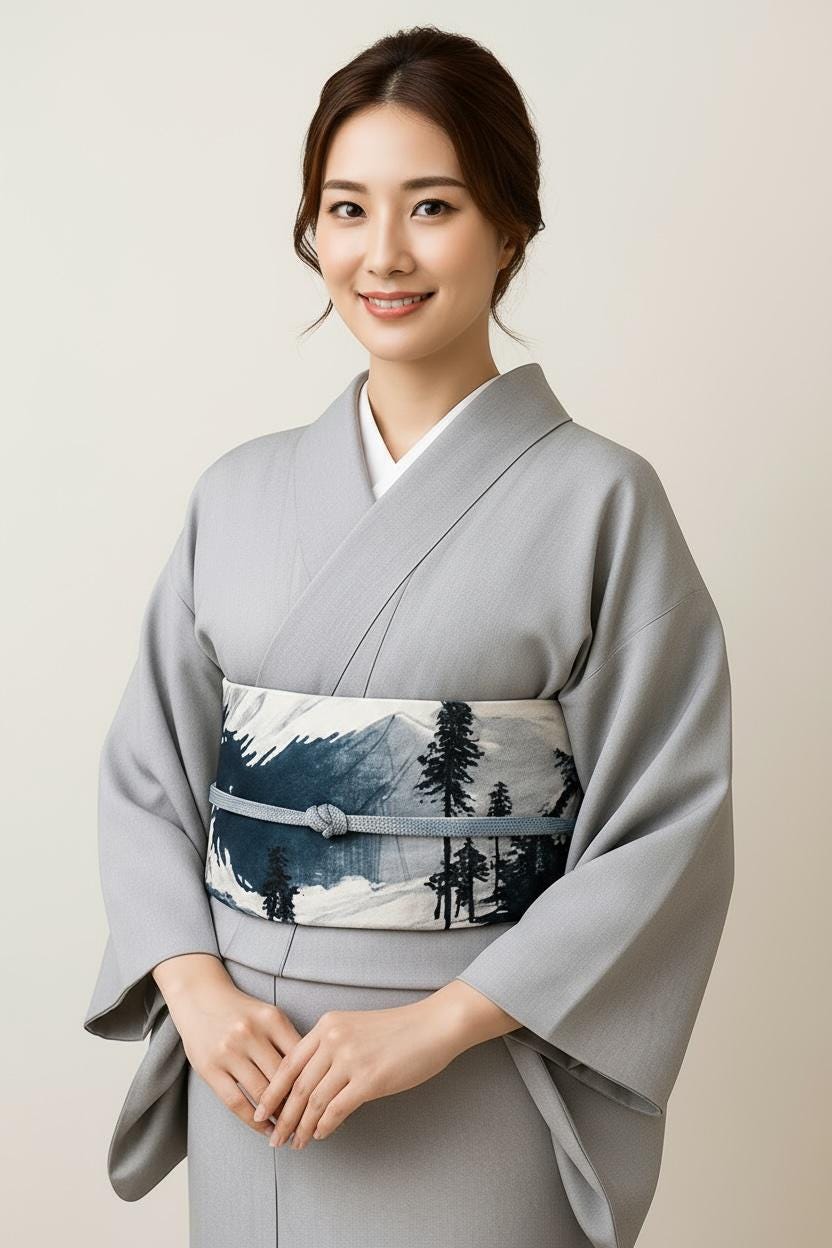 Mount Fuji Pre-Tied Obi, Easy Wear Kimono Belt, Two-Side Sash
