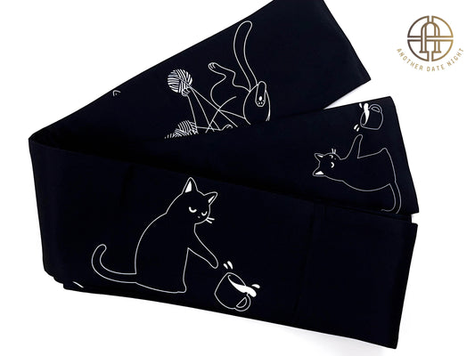 Naughty Cat Hanhaba Obi (Half-Width Obi) - Double Sided, For Yukata/Komon Kimono/Casual Kimono