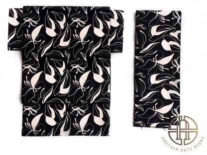5-Mins Wear Pre-Tied Obi, Japanese Kimono Belt, Black Floral Art Deco