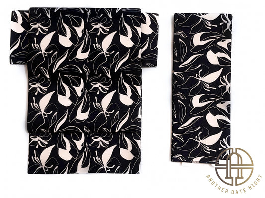 5-Mins Wear Pre-Tied Obi, Japanese Kimono Belt, Black Floral Art Deco