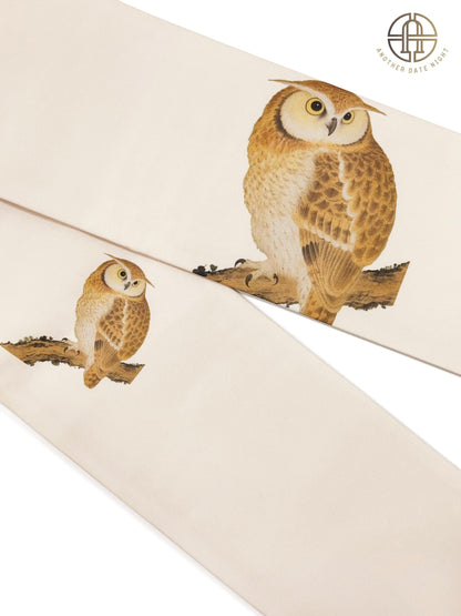 Pre-Tied Nagoya Obi, Taiko Knot, Owl Design Kimono Sash