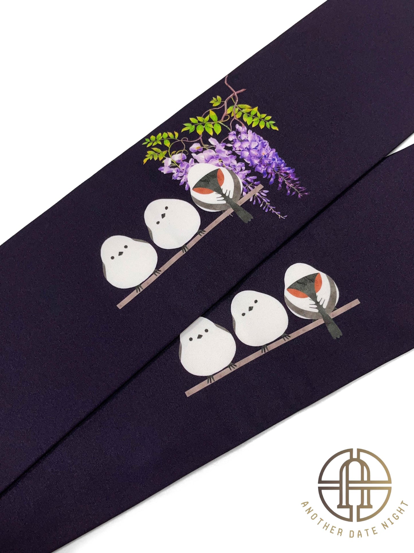 Purple Hokkaido Bird Pre-Tied Nagoya Obi, Easy Wear Taiko Knot, Long-tailed Tit (or Shima-enaga)