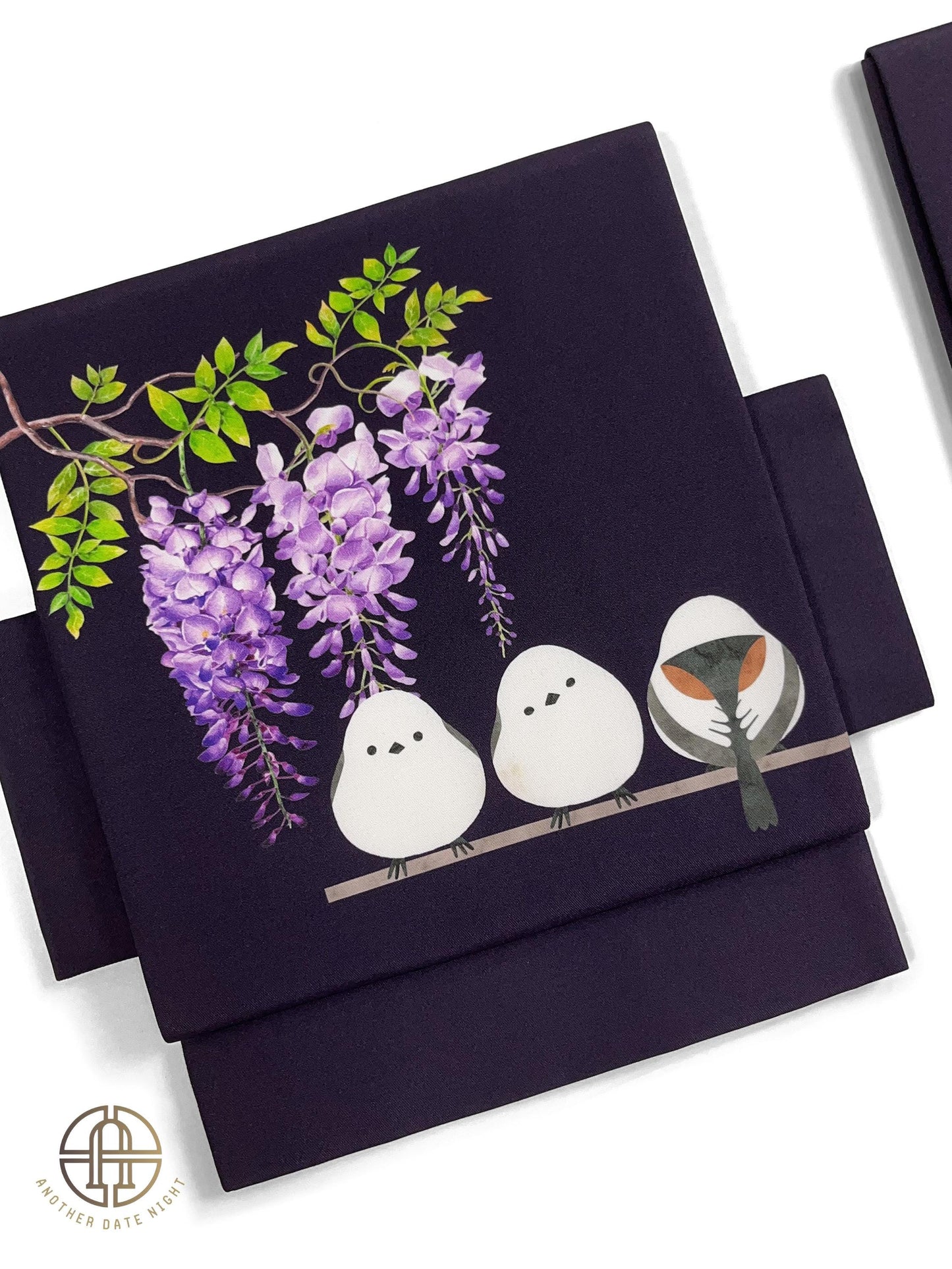 Purple Hokkaido Bird Pre-Tied Nagoya Obi, Easy Wear Taiko Knot, Long-tailed Tit (or Shima-enaga)