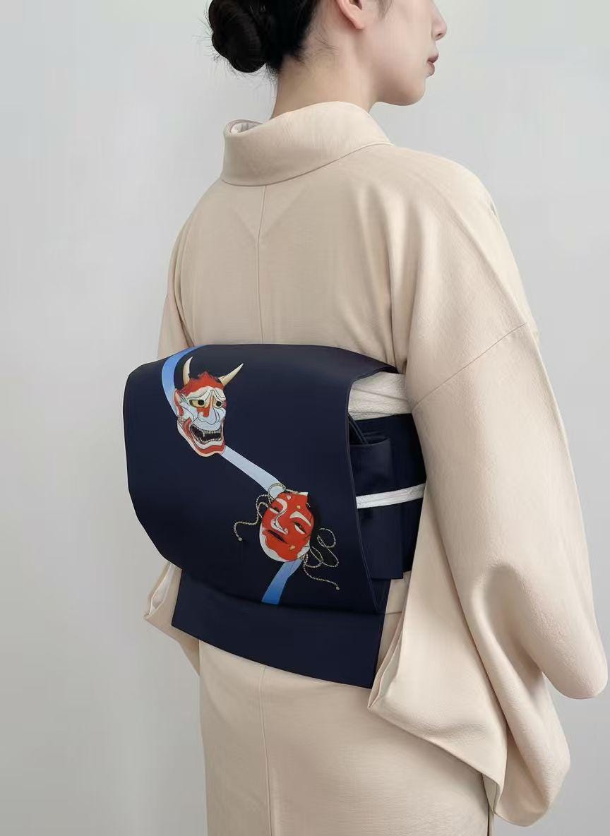 Noh mask Pre-Tied Nagoya Obi, Dark Navy Blue Easy-Wear Kimono Belt: Hannya & Ko-omote Motif